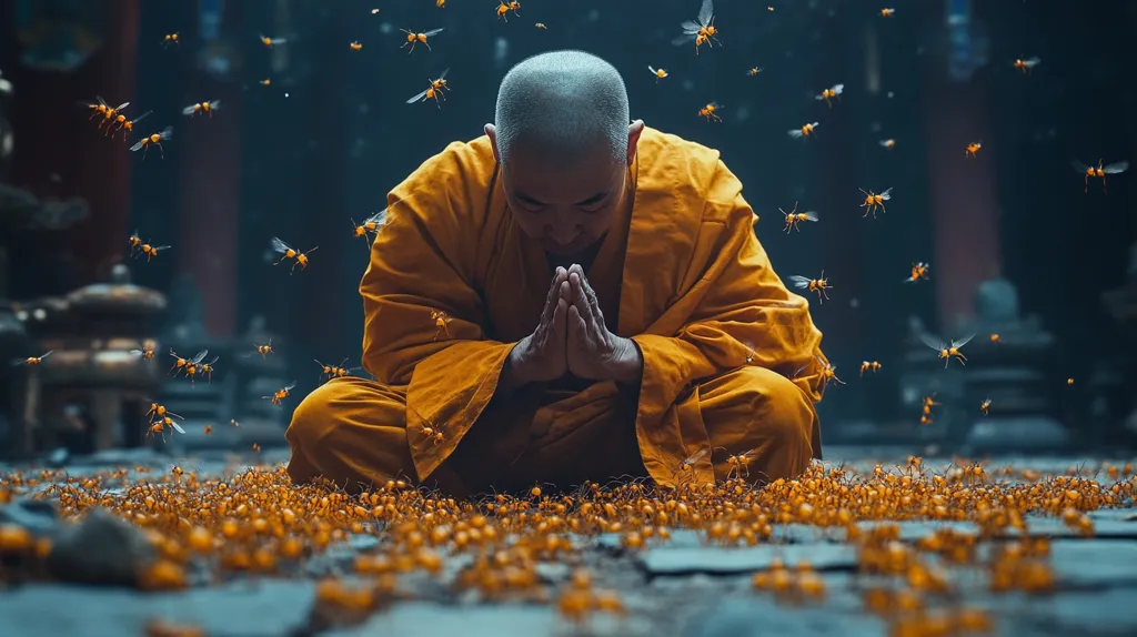 A Buddhist monk sits cross-legged in a contemplative pose, surrounded by a swarm of insects. His head is bowed, his hands clasped in prayer, his eyes closed. The insects buzz around him, creating a hazy halo. The image evokes a sense of peace and tranquility amidst the chaos.  The scene is a visual metaphor for the Buddhist concept of finding enlightenment even in the midst of suffering.
