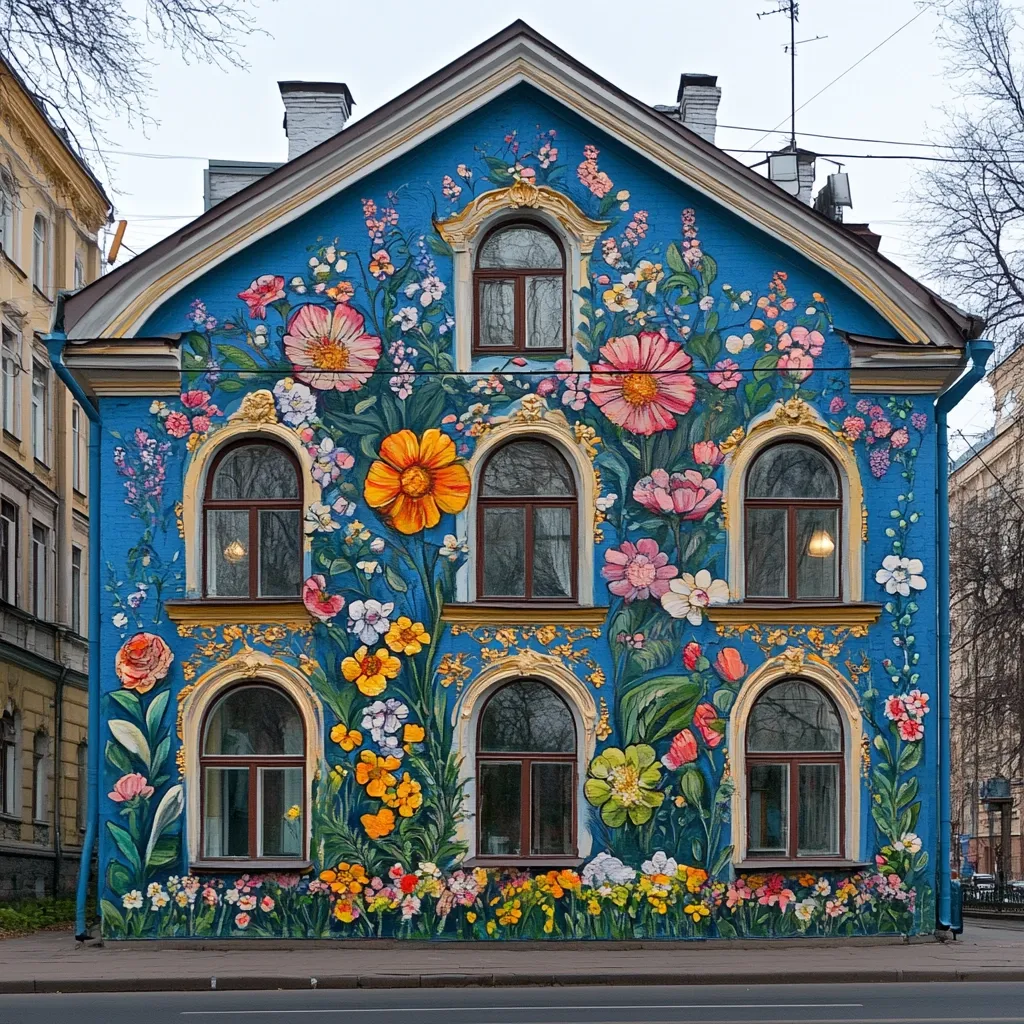 A blue building with a facade covered in a vibrant mural of flowers. The windows are framed in gold and have a classic, ornate style. The building is located on a street with a gray sidewalk and road. The flowers on the mural are painted in a realistic style with a variety of colors, including red, yellow, pink, and purple. The mural adds a touch of beauty and whimsy to the urban environment.