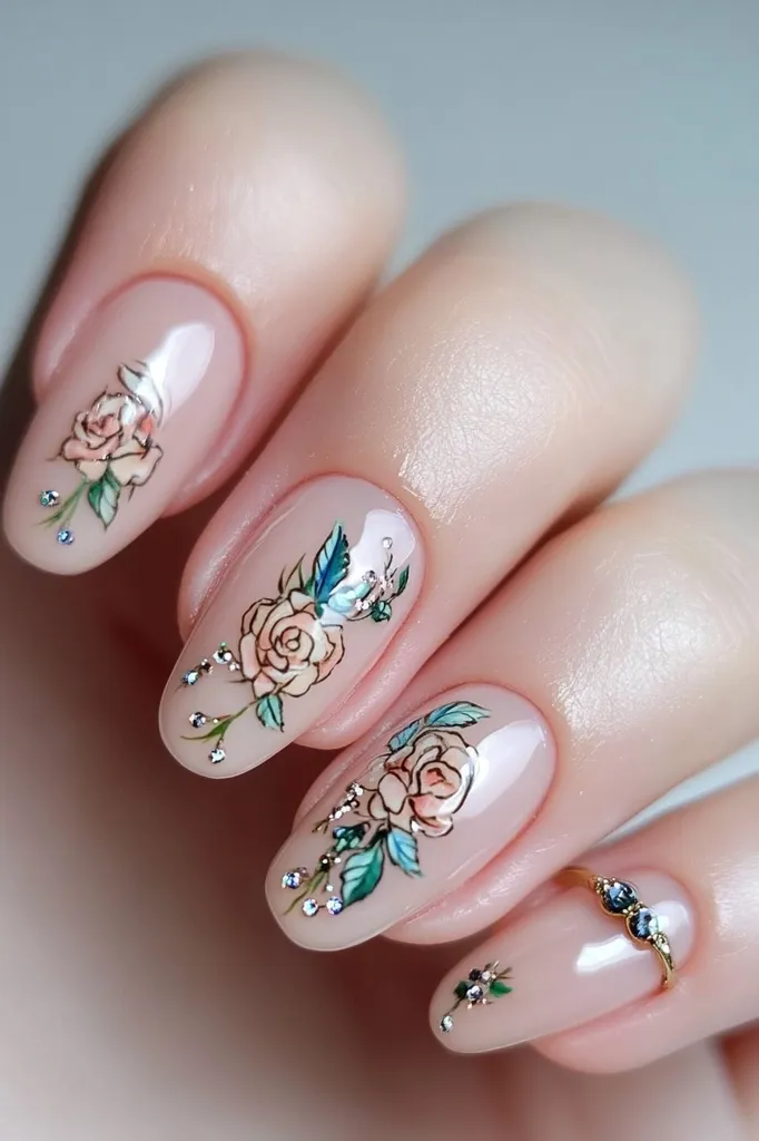The image shows a hand with a delicate and elegant manicure. Each nail is painted in a light nude shade, with a delicate floral design. The design features a rose with leaves and a few small glitter accents. One nail has a thin ring with dark blue stones. The overall effect is romantic and refined.