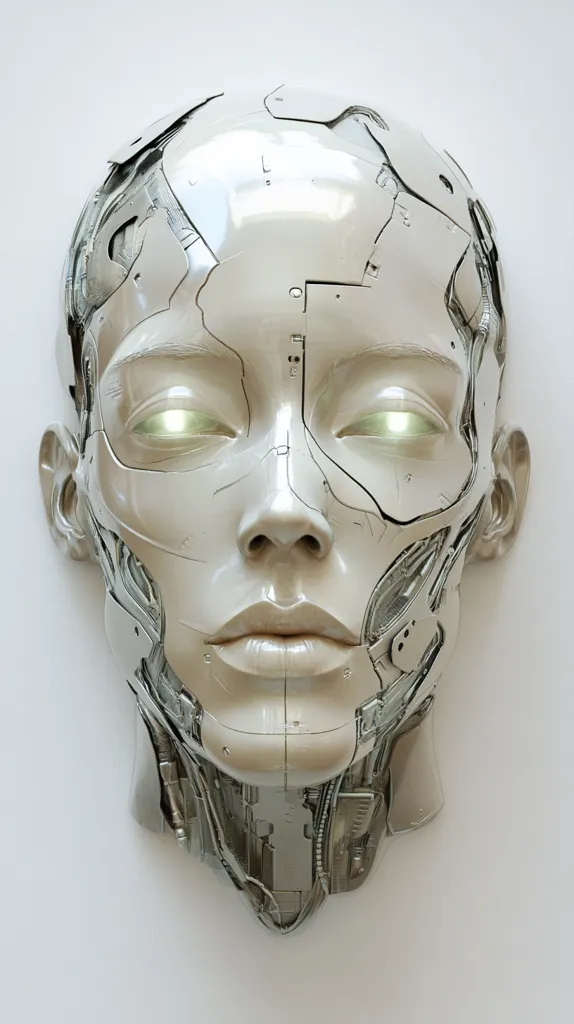 The image shows a close-up of a robotic face, its smooth, metallic skin adorned with intricate patterns of gears and circuits.  The robot's eyes glow with an eerie green light, adding to its otherworldly appearance. The image highlights the intersection of technology and humanity, showcasing the beauty and complexity of artificial intelligence.