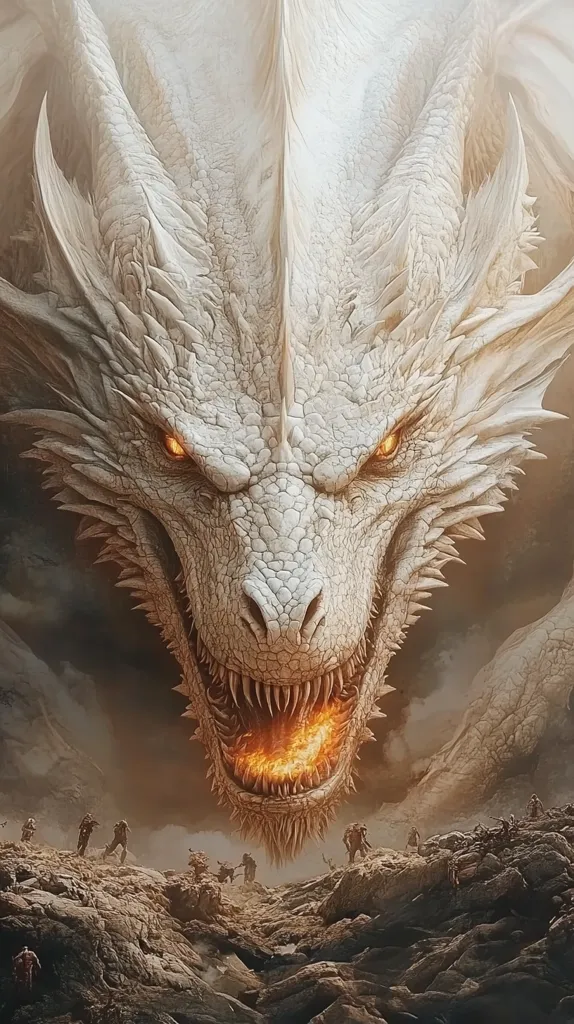 A white dragon with glowing orange eyes and teeth looms over a rocky landscape. The dragon's head fills the frame, its fierce expression and sharp teeth create a sense of danger. A small group of figures in the distance appear dwarfed by the monstrous creature.  The image evokes a sense of fear and awe.