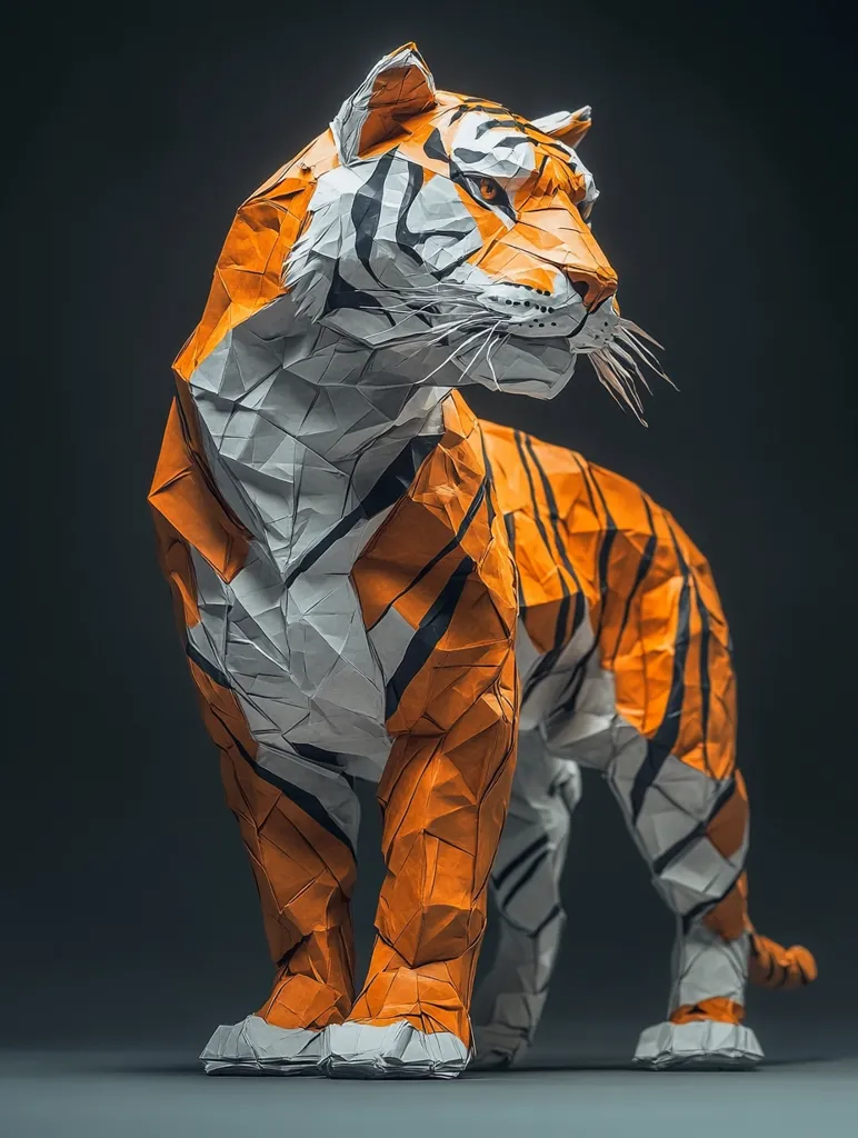 A tiger, crafted from origami, stands majestically against a dark backdrop. Its orange and black stripes are intricately folded, creating a textured, geometric pattern. The tiger's head is turned slightly, its sharp eyes gazing intently. Its posture is alert, conveying a sense of power and grace. The origami tiger is a testament to the beauty and complexity that can be achieved through paper folding.