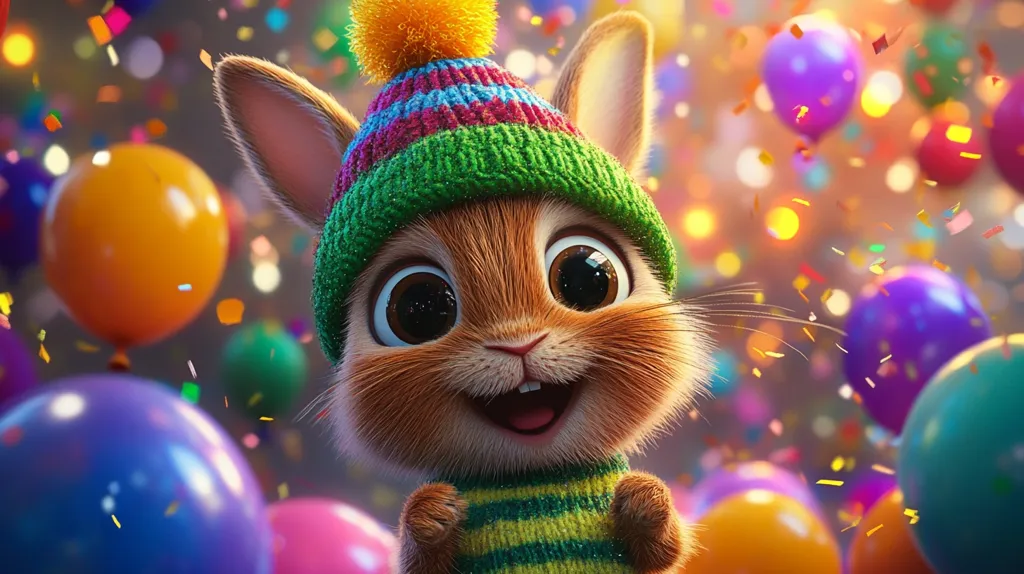 A cute, cartoon bunny wearing a green and pink knitted hat and sweater is surrounded by colorful balloons and confetti. The bunny has large, expressive eyes and a big smile on its face. The image captures a happy and festive atmosphere, likely a birthday or celebration. The soft focus and bright colors create a whimsical and playful tone.