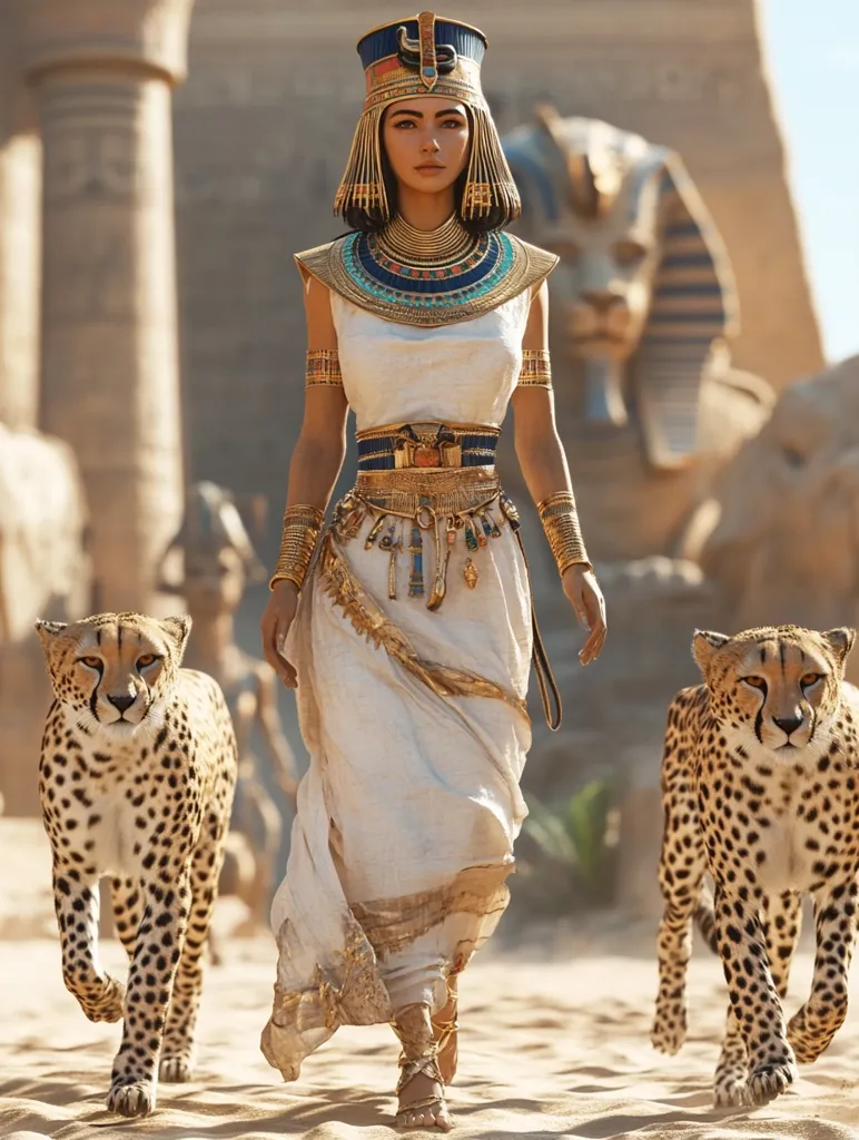 A woman dressed as an Egyptian queen in a white gown and ornate gold jewelry walks across a sandy path. She wears a blue and gold crown and a necklace of turquoise and gold. Two cheetahs walk beside her, one on each side. An ancient Egyptian structure stands in the background.
