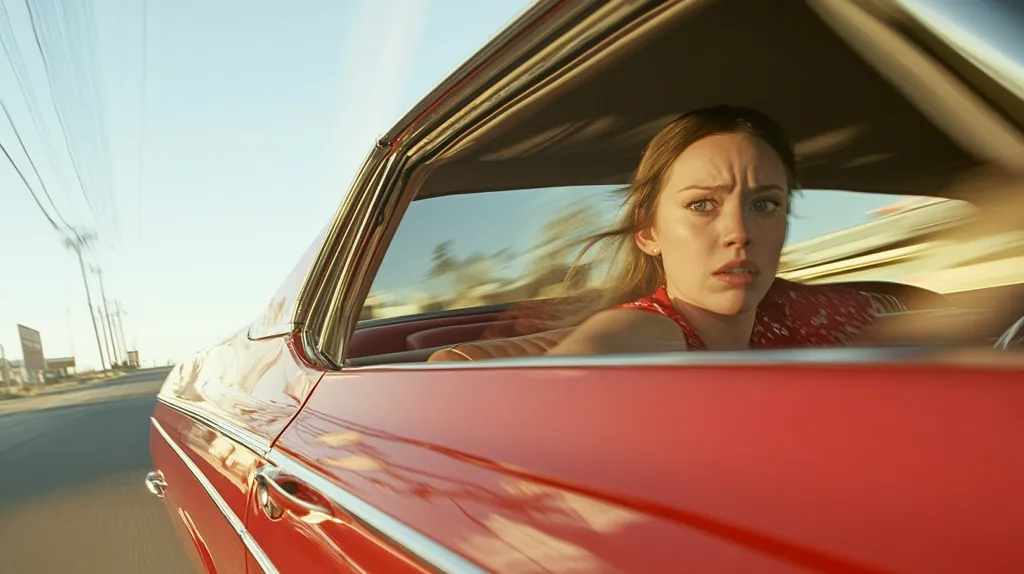 The image shows a woman in a red car, looking out the window with a concerned expression. The car is moving fast, and the blur of the background suggests a fast-paced, intense scene. The woman's windblown hair and the overall mood of the image suggest a sense of urgency or danger. The red color of the car and the woman's dress adds a vibrant and dramatic touch.