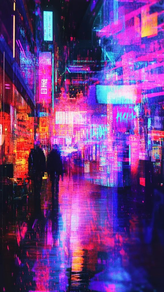 The image is a digital art piece that depicts a city street at night. The image is heavily stylized, with a focus on bright neon lights and a distorted, pixelated aesthetic. The buildings are tall and close together, and the street is crowded with people, although they are difficult to see clearly. The image is rendered in a vivid color palette of blues, pinks, and purples. It creates an otherworldly, futuristic atmosphere.