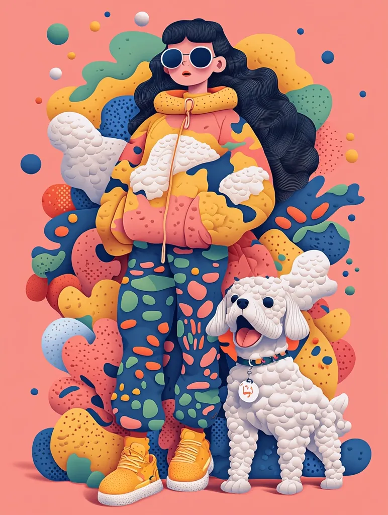 The image depicts a young woman with long black hair, wearing a colorful patterned jacket and pants, standing with a white poodle. The woman has sunglasses on and is looking ahead. She is surrounded by a vibrant abstract background of colorful shapes. The overall style is playful and bold, with a touch of retro charm. The woman and her dog appear to be enjoying their time together.