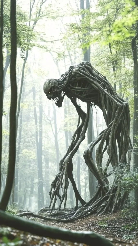 A monstrous creature made of gnarled branches and roots stands in a misty forest. Its long limbs stretch towards the ground, and its face is twisted into a menacing snarl. The creature's presence fills the air with an unsettling sense of dread.  The forest is shrouded in fog, giving the scene an eerie and atmospheric quality.  The image evokes a sense of mystery and danger, hinting at a hidden world of strange and terrifying creatures.