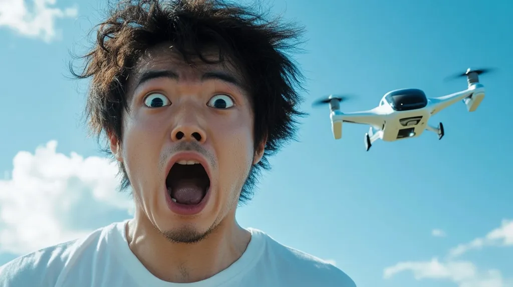 A young man with messy hair is looking up in terror at a drone flying above him. His mouth is wide open in a silent scream. The drone is white and has four propellers, and it is flying against a bright blue sky with fluffy white clouds. The image captures a moment of unexpected fear and the growing presence of technology in our lives.