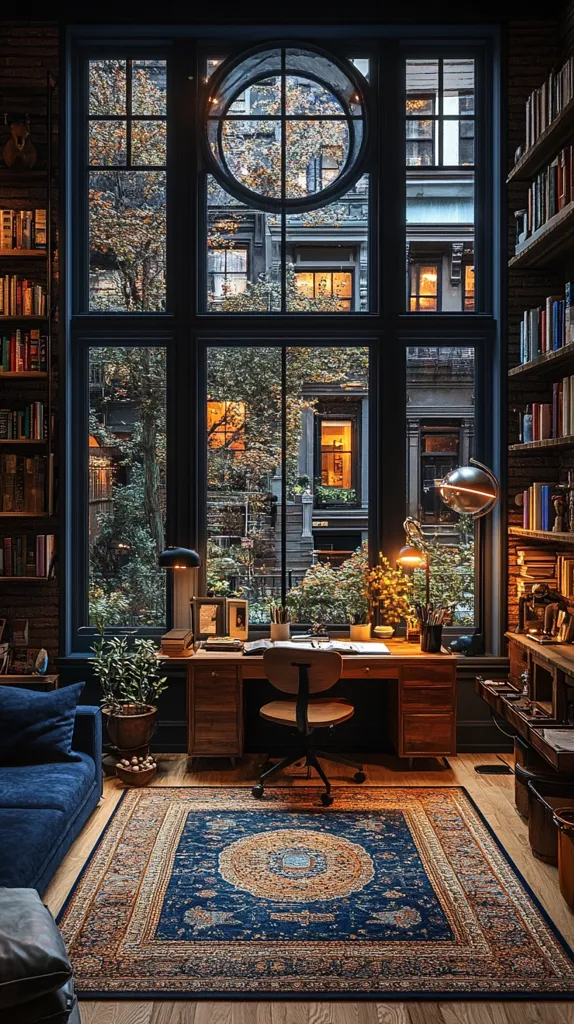 A home office with a large window looking out onto a tree-lined street. The desk is made of wood and has a chair with wheels. There is a rug with a traditional pattern on the floor. There are bookshelves full of books on either side of the window. There is a plant in a pot on the floor by the window. The room is decorated in a warm and inviting style.