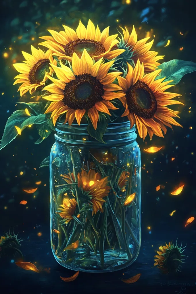 A glass jar filled with sunflowers sits against a dark blue background. The sunflowers glow with a soft, ethereal light, creating a magical atmosphere.  The scene is enhanced by the presence of glowing specks, perhaps fireflies or fairy dust, creating a sense of wonder and enchantment.