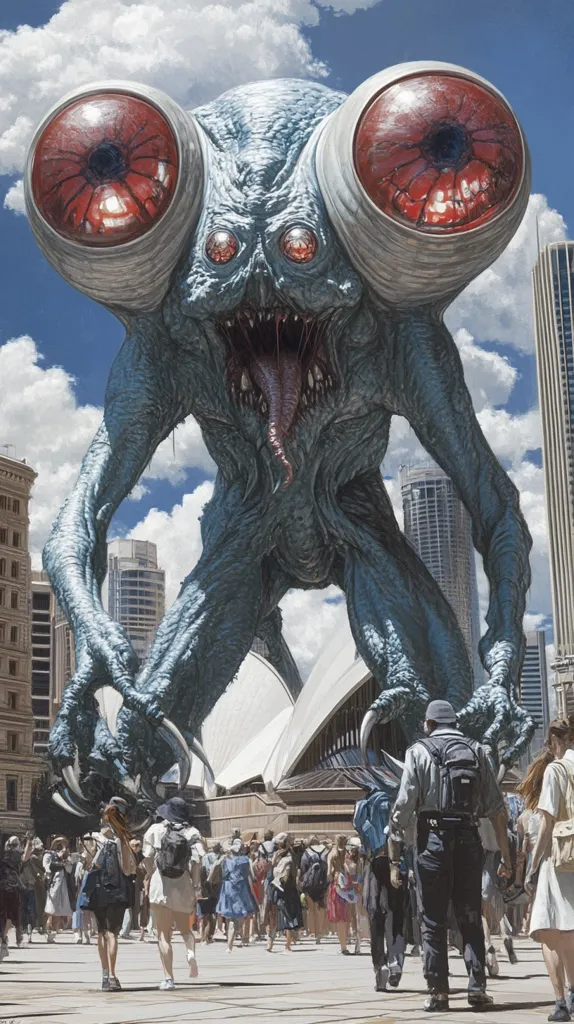 A towering, monstrous creature with large, bulging eyes and a gaping maw stands over the city of Sydney, Australia. The creature's blue-grey skin and sharp claws suggest its alien nature. Below, unsuspecting civilians, unaware of the impending danger, continue their daily activities. The Sydney Opera House can be seen in the background. The juxtaposition of the monstrous creature and the everyday life of the city creates a sense of unsettling wonder.