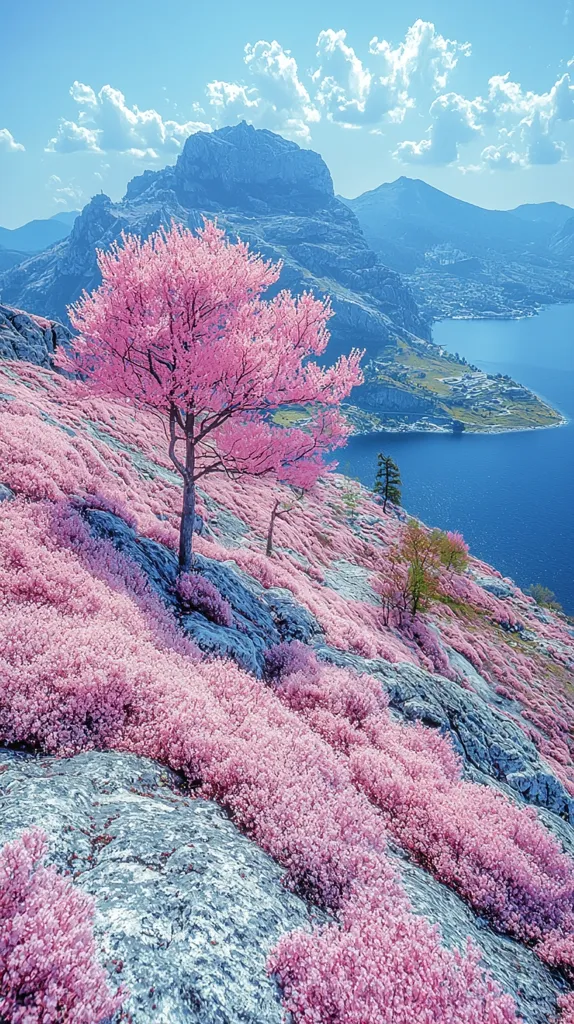 A vibrant pink tree stands tall on a rocky slope covered in delicate pink flowers. The tree is silhouetted against a stunning mountain backdrop, with a tranquil blue lake mirroring the sky. Soft white clouds drift across the azure canvas, adding a touch of serenity to the scene. The entire landscape is bathed in a gentle, ethereal light, creating a dreamlike atmosphere.