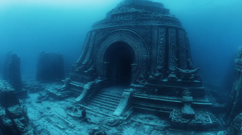A large, ornate stone structure, seemingly a temple, is submerged beneath the surface of the ocean.  The structure is covered in seaweed and algae, giving it a haunting, ethereal quality.  The water is clear, allowing for good visibility. The temple's grand entranceway is open and inviting, leading into an unknown depth.  The image evokes a sense of mystery and wonder, as well as a hint of sadness, for the temple's fate.  The image captures the beauty and power of the ocean.