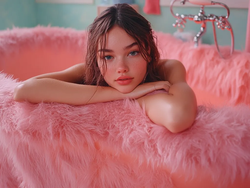 A young woman with long brown hair and freckles leans on the edge of a pink furry bathtub. She looks directly at the camera with a soft expression. The bathtub is filled with pink fluffy material, creating a playful and whimsical atmosphere. The soft lighting enhances the feminine and delicate quality of the scene.