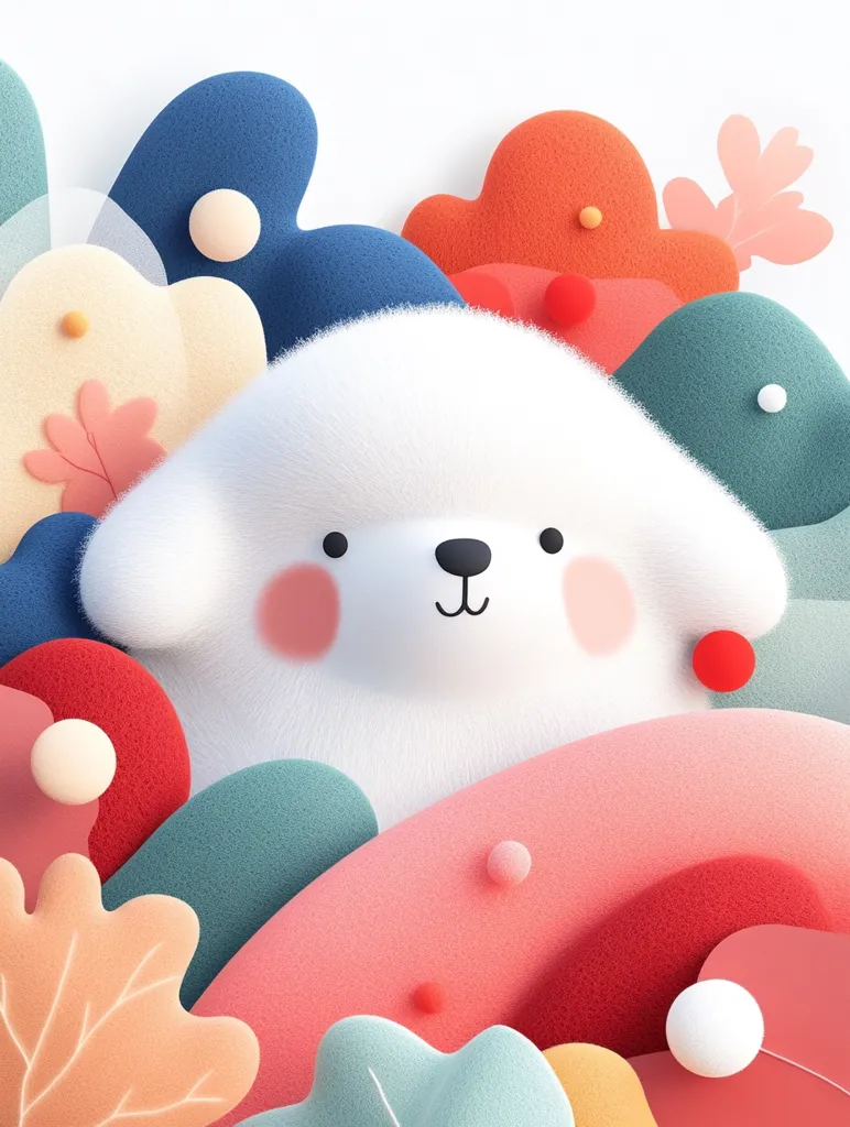 A fluffy white dog with pink cheeks and a black nose sits in a field of colorful, abstract shapes. The shapes are in various shades of pink, blue, green, and orange, and some are shaped like leaves or clouds. The dog is smiling and has a sweet, friendly expression. The background is white.  The image is a 3D rendering, giving it a playful, whimsical feel.