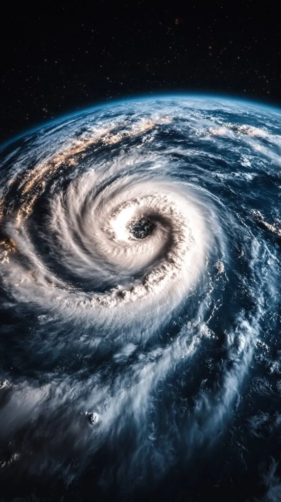 A powerful hurricane swirls over the Earth, its eye a calm center surrounded by swirling clouds. The storm rages over the blue ocean, a vast expanse of water contrasted by the white, angry clouds. The image is a dramatic reminder of the power and fury of nature.  The background stars twinkle against the dark sky, emphasizing the vastness of space and the smallness of our planet.