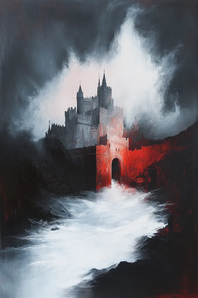 The painting depicts a tall, imposing castle nestled within a dramatic landscape. The castle's gray stone walls and towers rise against a background of swirling white clouds, creating a sense of mystery and grandeur. The foreground is dominated by a swirling white sea, suggesting a turbulent and uncertain environment. The red hues in the castle's base and the surrounding cliffs add a sense of danger and drama to the scene. The overall effect is a haunting and atmospheric portrayal of a timeless and powerful fortress.