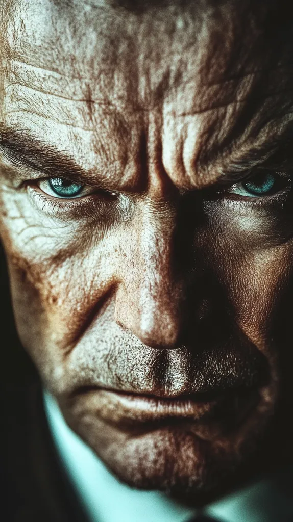 The image is a close-up portrait of an older man with intense blue eyes.  His face is weathered and lined, with a stern expression. The lighting is dramatic, creating deep shadows around his face. The man appears to be in a serious or even threatening mood.  His gaze is direct, conveying a sense of determination or even hostility.
