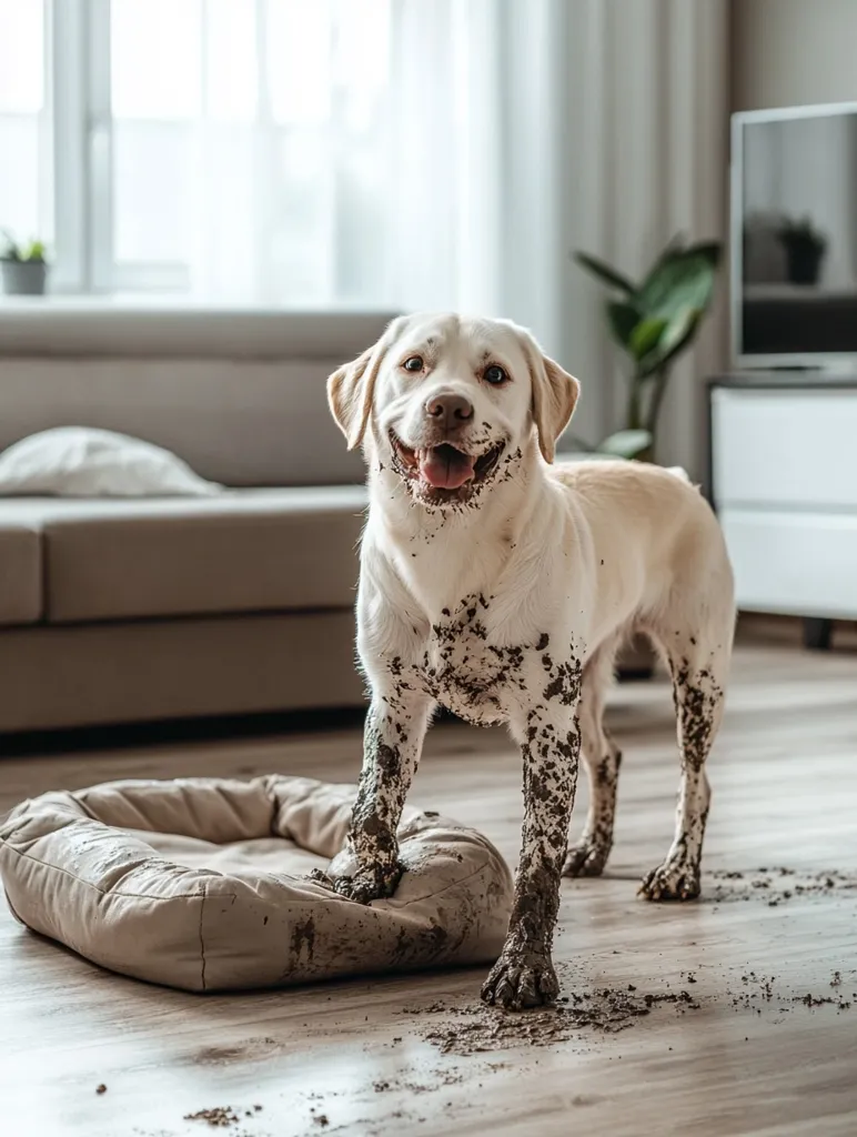 A white Labrador Retriever stands in a living room covered in mud. The dog has a playful look on its face and is standing next to a brown dog bed. The floor is covered in mud, indicating the dog has been playing outside. The dog's tail is wagging slightly, suggesting it's enjoying the attention it's receiving.  The dog's muddy paws and face are a testament to a fun-filled adventure.