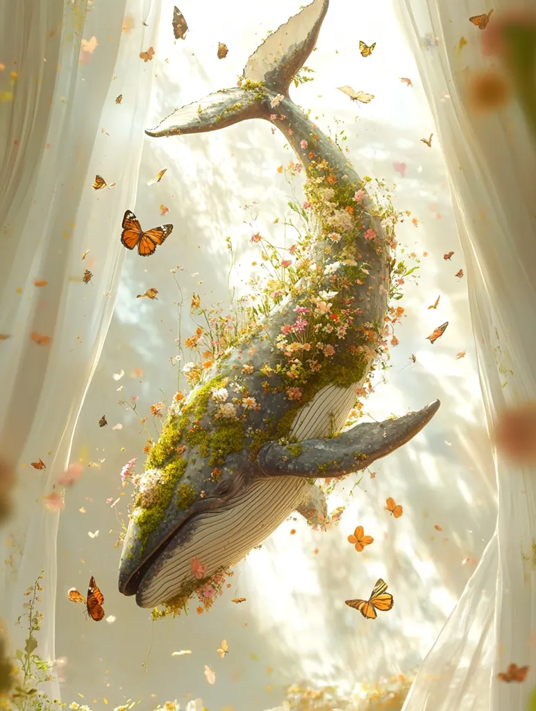 A whale, covered in lush green moss and blooming flowers, hangs upside down against a backdrop of sheer white fabric. It appears to be floating through a dreamy landscape, surrounded by a flurry of delicate, fluttering butterflies. The overall mood is whimsical and magical.