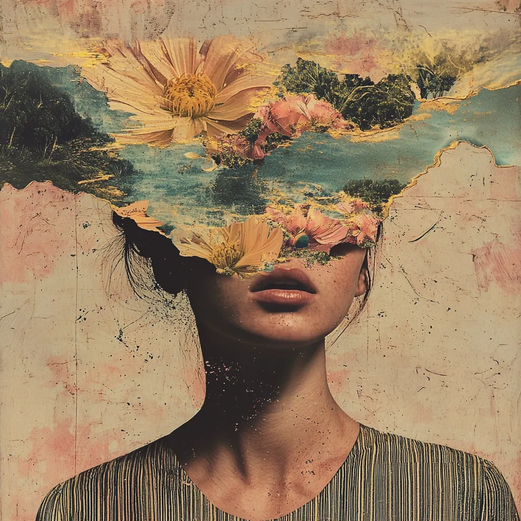 The image is a digital collage featuring a woman whose face is partially obscured by a vibrant landscape of flowers, foliage, and sky. The woman's lips are visible, painted a soft pink, and her eyes are hidden behind the blossoming flora. The overall aesthetic is a mixture of surrealism and romanticism, conveying a sense of mystery and beauty. The colors are muted and earthy, adding to the dreamlike feel of the piece. The background is a textured, weathered surface that suggests time and memory.
