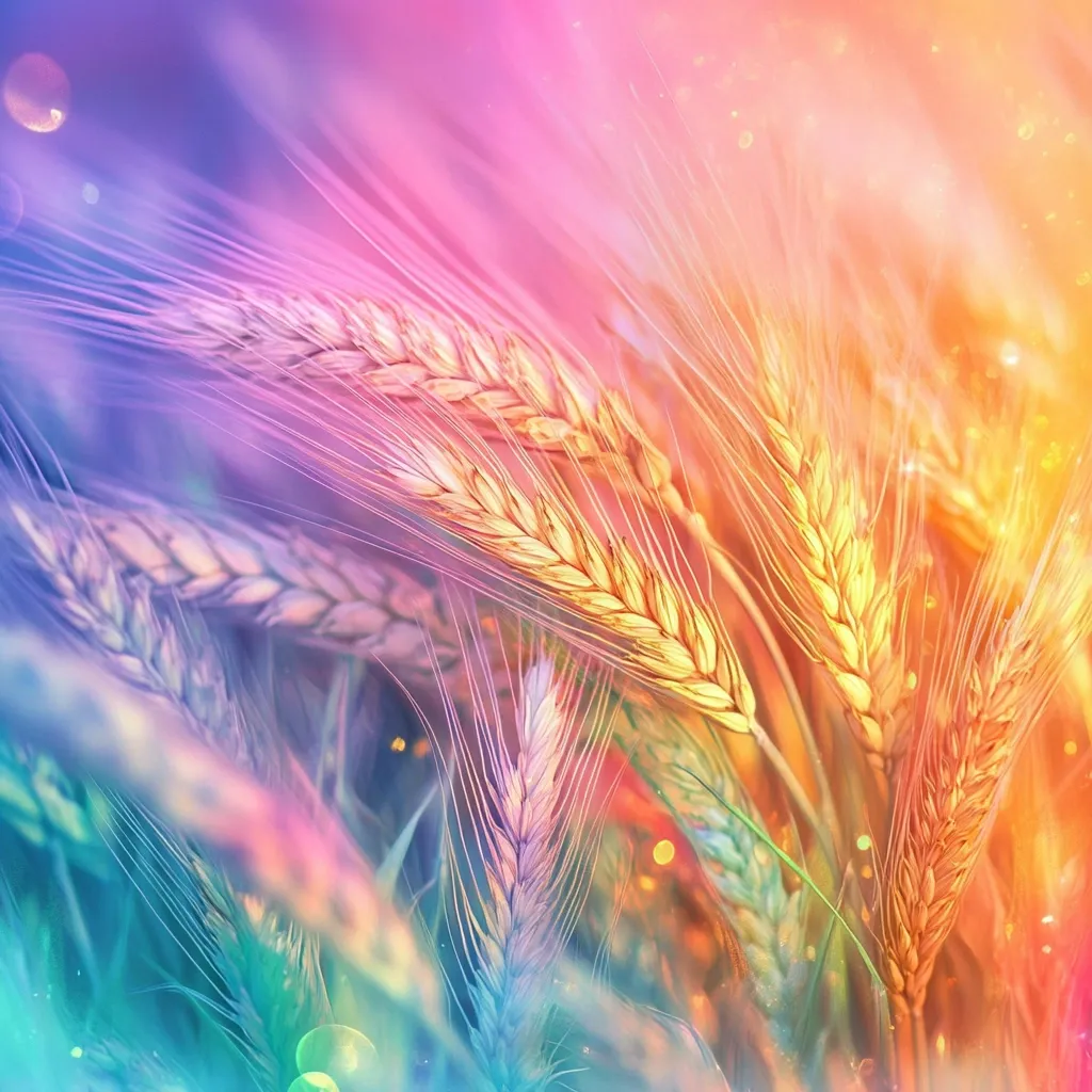 Golden wheat stalks sway gently in a field bathed in a vibrant rainbow of colors. The sunlight filters through the blades, creating a warm glow and shimmering bokeh effects. The image evokes a sense of tranquility and joy, celebrating the beauty of nature's simple wonders.