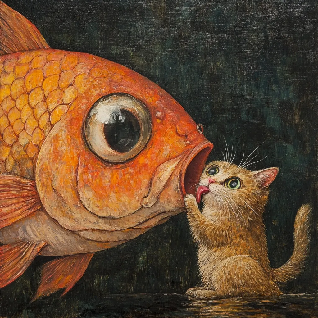 A large orange fish with its mouth open is facing a small orange kitten that is licking the fish's open mouth. The kitten is looking at the fish with wide eyes. The fish is in the background, and the kitten is in the foreground. The image is painted on a dark canvas.