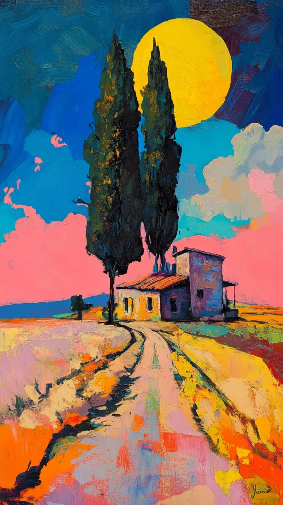 The painting depicts a rural scene with two tall, dark trees standing beside a small house. A winding dirt road leads away from the house and towards the viewer. The sky is a bright blue with a large, yellow sun in the upper right corner, and the distant hills are a soft pink. The artist has used bold, expressive strokes to create a vibrant and impressionistic style.