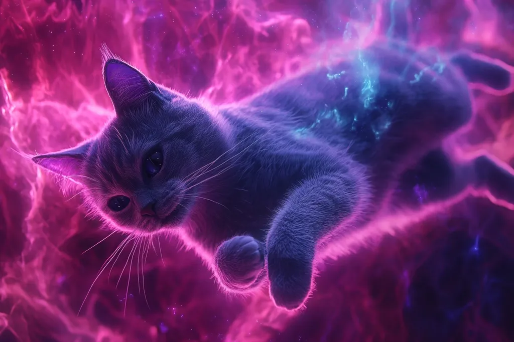 A blue-grey cat with large, curious eyes floats in a vibrant swirl of pink and blue light. Its fur appears soft and fluffy, and its paw is outstretched. The background is reminiscent of a cosmic nebula, with swirling patterns and scattered stars. The image creates a sense of wonder and magical realism, evoking a sense of otherworldliness and cosmic connection.
