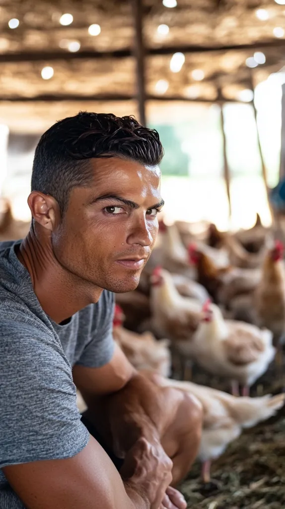 A man with short, dark hair is sitting in a barn, looking directly at the camera. He is wearing a gray shirt and has a serious expression on his face. In the background, a blurry image of chickens can be seen. The man's strong arms and defined jawline are prominent. The image has a warm, natural light.