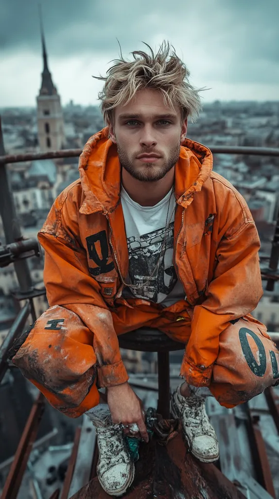 A young man with messy blonde hair is wearing an orange jumpsuit, sitting on a rusty metal structure. The jumpsuit is covered in dirt and has a large black "D" printed on the left leg. He is looking straight ahead with a serious expression, and his white sneakers are also covered in dirt. The background features a cityscape with a tall spire in the distance. The image has a gritty and industrial feel.
