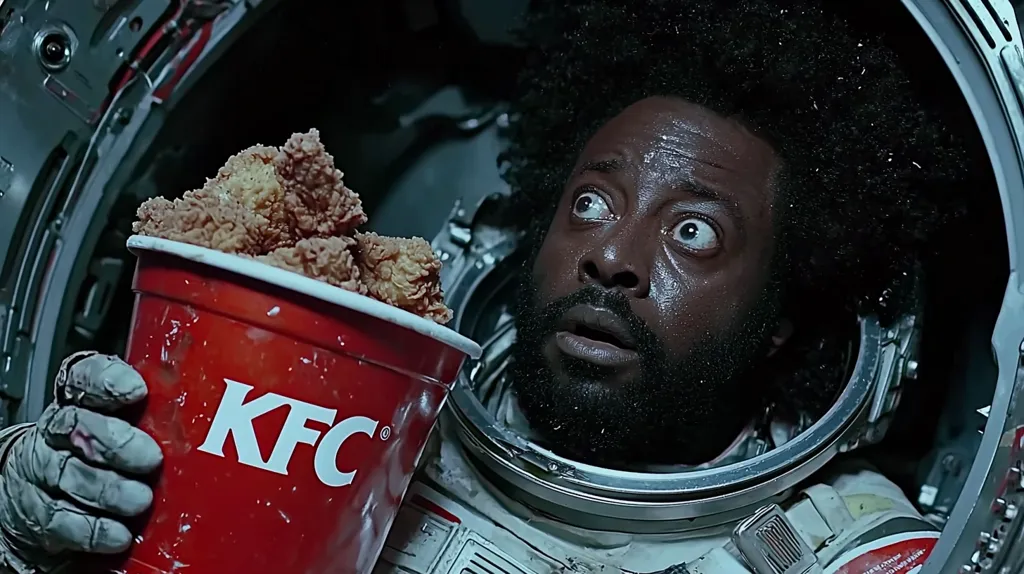 A black man with a full beard and afro is wearing a space suit, his face is visible through the helmet. He is holding a red bucket of KFC fried chicken in his gloved hand. He looks surprised and slightly concerned. The background is a dark space capsule interior.