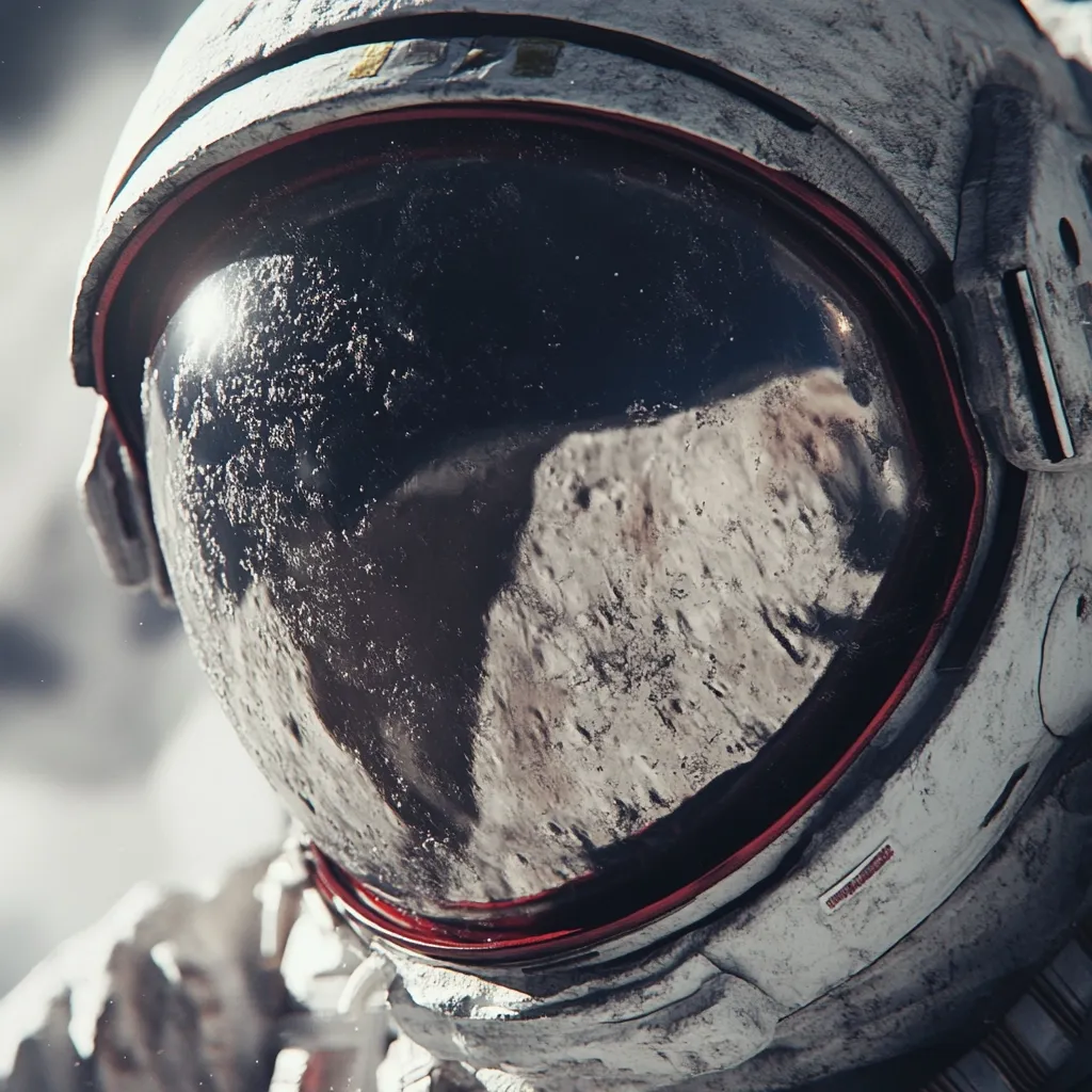 A close-up shot of an astronaut's helmet. The helmet is white with a red rim around the visor. The visor is covered in a layer of frost or ice. The astronaut's reflection is visible in the visor, and the surface they are on is reflected as well. The image is taken from a low angle, and the astronaut's helmet takes up most of the frame. The image has a gritty, realistic feel.