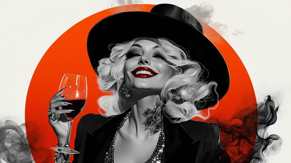 A woman with platinum blonde hair, wearing a wide-brimmed hat and a black suit, holds a glass of red wine in her right hand. She has a bright red lipstick and a mischievous smile on her face. The background is a bright orange circle with black smoke swirling around it. The image has a vintage, dramatic feel.