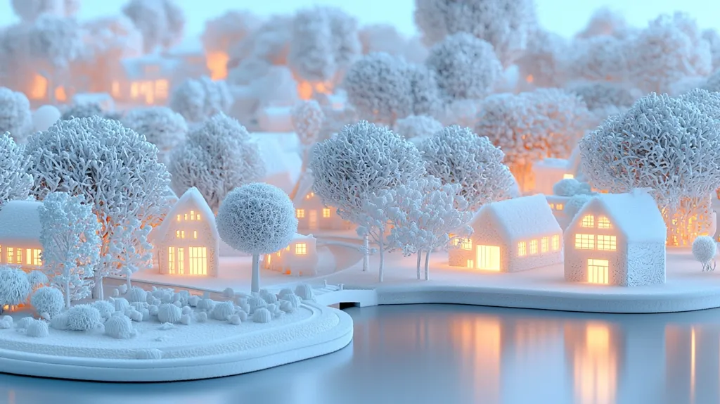A miniature village, crafted from white material, sits nestled amongst snow-covered trees. The houses glow with warm interior lights, creating a cozy and enchanting atmosphere. The village rests on a reflective surface, mirroring the soft glow of the lights.  The image evokes a sense of wintery peace and tranquility.