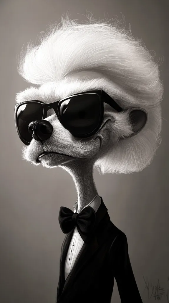 A black and white illustration of a dog-like creature with a large, white, fluffy hairdo. The creature is wearing a tuxedo, a bow tie, and dark sunglasses. The creature's expression is one of calm confidence, and it is looking off to the side.  The background is a plain grey color, which makes the creature stand out.  The art style is somewhat cartoonish and playful, with a focus on detailed textures and exaggerated features.