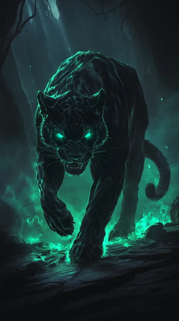 A large black panther with glowing green eyes walks through a dark, misty forest.  The panther is in focus, with its paws and head raised, giving the impression of movement and power.  Green light emanates from around the panther, creating a dramatic contrast against the dark background.  The atmosphere is mysterious and dangerous.