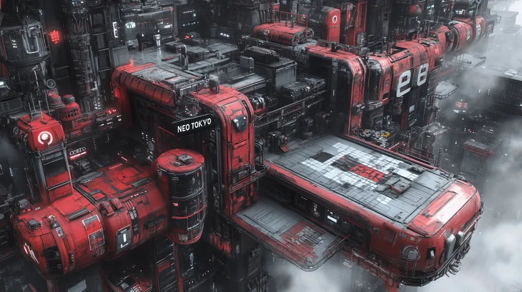 An aerial view of a futuristic city, heavily built and layered with interconnected red and grey structures. The city appears to be floating above clouds, creating a sense of isolation and mystery. There are signs that read "NEO TOKYO" and "E8", suggesting a futuristic urban setting. The intricate details and worn surfaces suggest a long history and an advanced technological society.