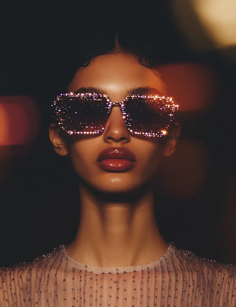 A young woman with dark skin wears large, square sunglasses covered in rhinestones. The sunglasses are dark-tinted, obscuring her eyes. Her lips are painted a bold, glossy red. She wears a sparkly, light-colored top, and the background is dark and blurred. The image is a portrait with a glamorous and edgy feel.