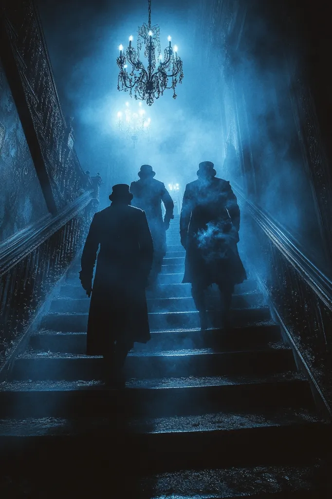 Three shadowy figures, dressed in long coats and top hats, ascend a grand staircase in a dimly lit, mysterious setting.  A chandelier hangs above, casting an ethereal glow on the scene. The atmosphere is thick with mist and an air of secrecy. The stairs and surrounding walls are draped in darkness, adding to the sense of intrigue.  The image evokes a sense of Victorian-era mystery and suspense.