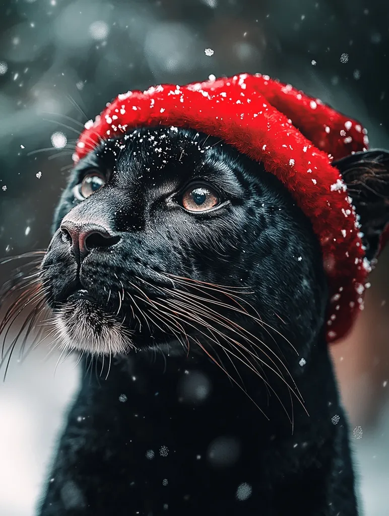 A black panther wearing a red knitted hat looks up at the snowy sky.  Its white whiskers are prominent against its dark fur.  The soft, fuzzy hat is covered in snowflakes, adding to the wintery scene. The panther's eyes are bright and alert, making it look like it is watching something in the distance.  The image captures the beauty of a wild animal in its natural environment.