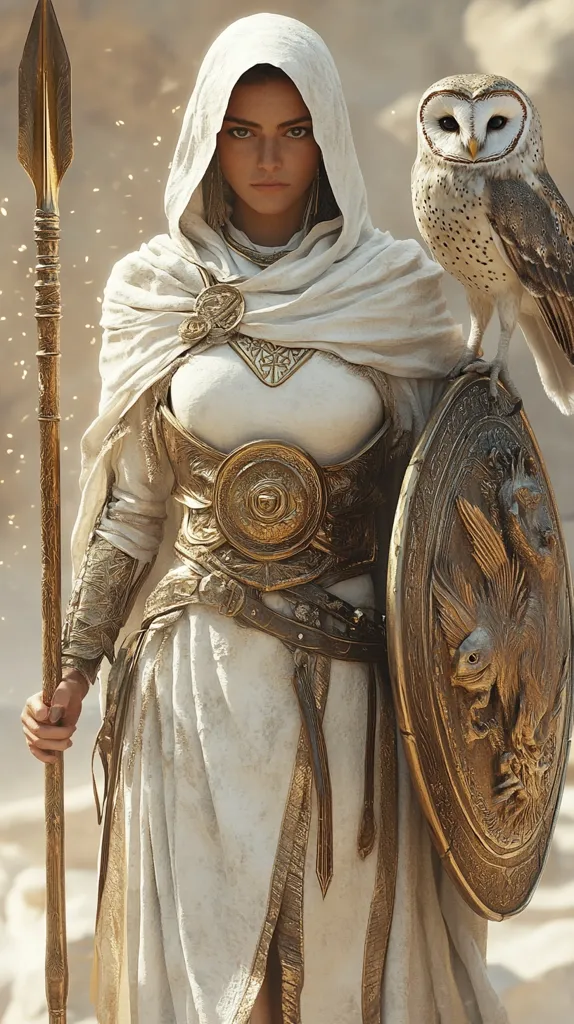 A woman in a white robe and golden armor stands holding a spear, her expression stoic and intense. She wears a white hood that frames her face, and a large, ornate shield rests on her left arm. A white owl perches on her shoulder, its bright eyes adding to the scene's mysterious aura. The background is blurred, highlighting the woman and her powerful stance. The image evokes a sense of ancient power and feminine strength.