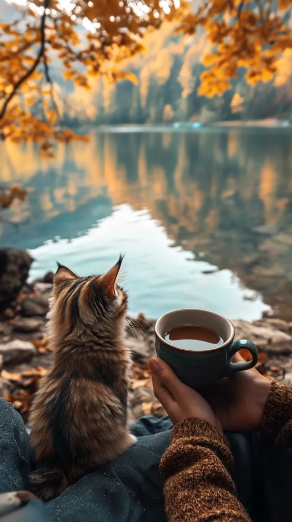 A person sits by a lake, enjoying a warm beverage and the company of a cat. The lake is calm and reflective, reflecting the vibrant fall foliage surrounding it. The cat is sitting on the person's lap, gazing out at the water. The scene is peaceful and serene, offering a moment of tranquility and connection with nature.