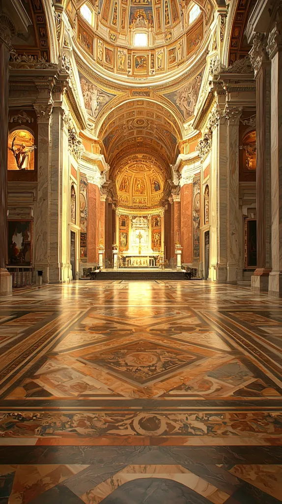 The interior of a grand cathedral with a high, ornate ceiling and intricate marble floors. Light streams through the arched windows, illuminating the golden mosaics on the walls and the intricate carvings on the pillars. The altar, a simple white structure, stands in the center, surrounded by a vast space that feels both awe-inspiring and serene.