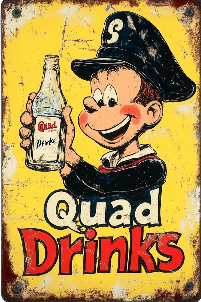 A vintage metal sign with a yellow background and rusty edges advertises "Quad Drinks." It features a cartoon character wearing a sailor's cap, holding a bottle of Quad Drinks, with a big smile on his face. The sign is designed to look old and worn.