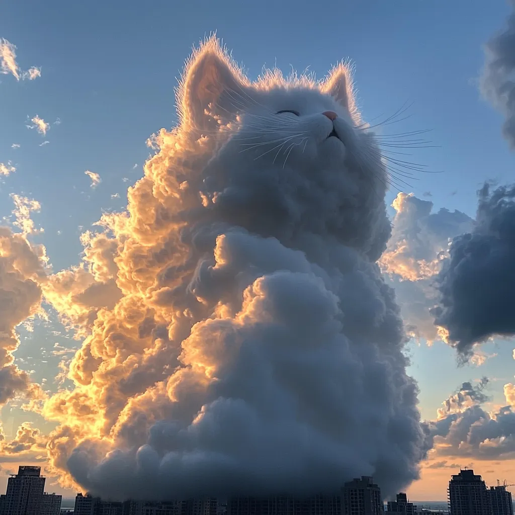 A large, fluffy cloud in the shape of a white cat with closed eyes sits in a blue sky with other clouds. The sun is setting, casting a warm golden glow on the cloud cat and surrounding clouds. The city skyline is visible below.