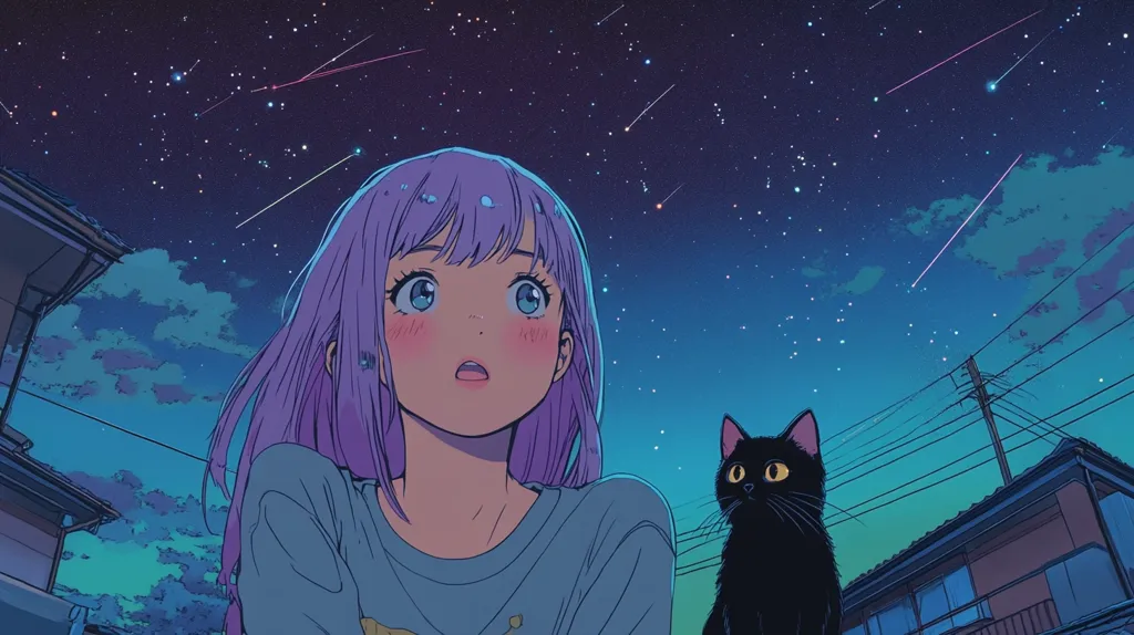 The image is a digital illustration depicting a young girl with long purple hair standing under a night sky filled with stars and shooting stars. The girl has a surprised expression on her face and is looking upwards. A black cat is standing next to her. The background shows a cityscape with houses and power lines. The overall aesthetic is vibrant and colorful, with a dreamy and ethereal feel.