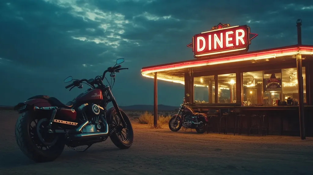 A classic red motorcycle sits parked in front of a brightly lit diner with a neon sign that reads "Diner." The diner has large windows and a counter with stools. The scene is set at night, with a dark sky and desert landscape in the background. The image evokes a sense of nostalgia and American road trip culture.