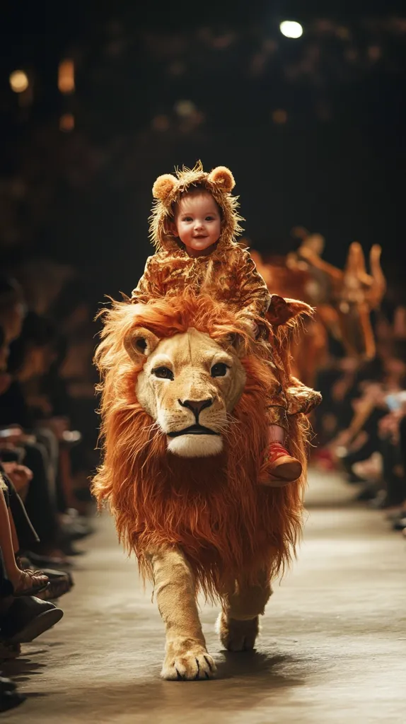 A young child dressed in a lion costume is riding a large, furry lion puppet down a runway. The child is smiling and looking towards the camera, while the lion puppet is walking confidently with its head held high. The image is likely from a fashion show or performance. The background is blurred, with a large crowd of spectators watching the procession. The child's costume is detailed and well-made, and the lion puppet is incredibly lifelike. The image captures a sense of wonder and whimsy, as the child's playful spirit shines through.